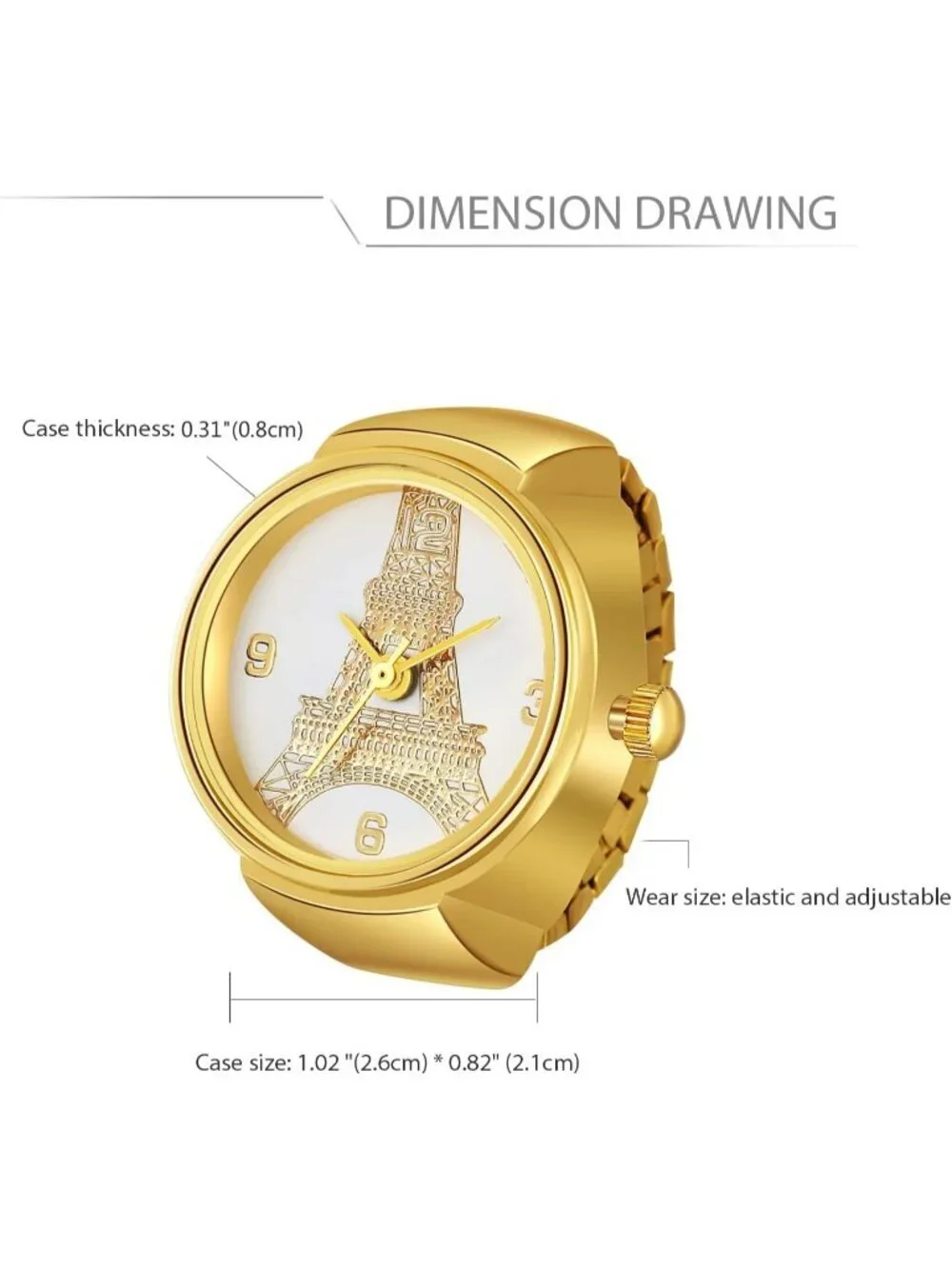 Unisex Gold Analog Plated Elastic Eiffel Tower Simple Round Finger Ring Watch